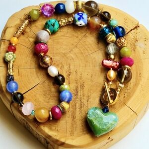 Chunky Toggle Heart Charm Necklace. Handcrafted OOAK. Gemstones Farm Rio Style